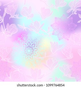 Seamless pattern with  pink magnolia flowers and mandala. Vector illustration. Outline drawing. In light ultra violet pastel colors on mesh pink, blue background 