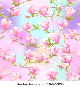 Seamless pattern with  pink magnolia flowers Vector illustration. Isolated on white background.
