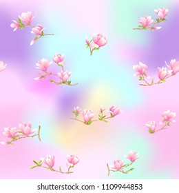 Seamless pattern with  pink magnolia flowers. Vector illustration. In light ultra violet pastel colors on mesh pink, blue background 