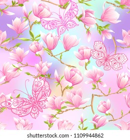 Seamless pattern with  pink magnolia flowers. Vector illustration. In light ultra violet pastel colors on mesh pink, blue background 