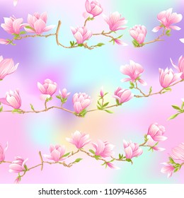 Seamless pattern with  pink magnolia flowers. Vector illustration. In light ultra violet pastel colors on mesh pink, blue background 