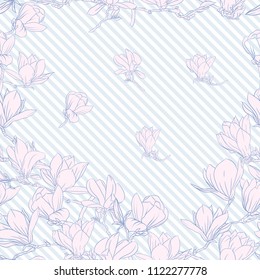 Seamless pattern with  pink magnolia flowers. Vector illustration. Outline drawing. On blue and white diagonal stripes background.