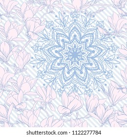Seamless pattern with  pink magnolia flowers and mandala. Vector illustration. Outline drawing. On blue and white diagonal stripes background.