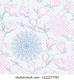 Seamless pattern with  pink magnolia flowers and mandala. Vector illustration. Outline drawing. On blue and white diagonal stripes background.