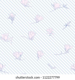 Seamless pattern with  pink magnolia flowers. Vector illustration. Outline drawing. On blue and white diagonal stripes background.