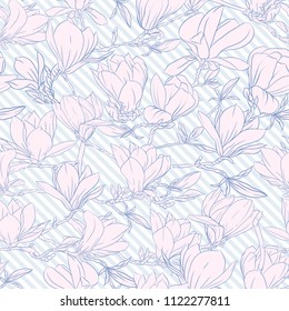 Seamless pattern with  pink magnolia flowers. Vector illustration. Outline drawing. On blue and white diagonal stripes background.