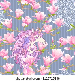 Seamless pattern with  pink magnolia flowers and and unicorn. Vector illustration. On blue denim stripes background.