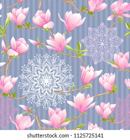 Seamless pattern with  pink magnolia flowers and mandala. Vector illustration. On blue denim stripes background.