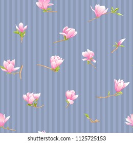 Seamless pattern with  pink magnolia flowers. Vector illustration. On blue denim stripes background.