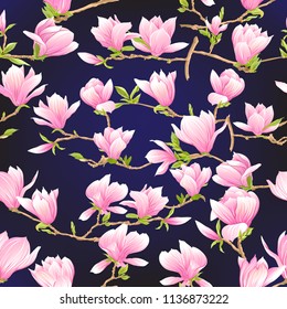 Patrón inoxidable con flores de magnolia rosa. Ilustración vectorial. Sobre fondo negro azul oscuro