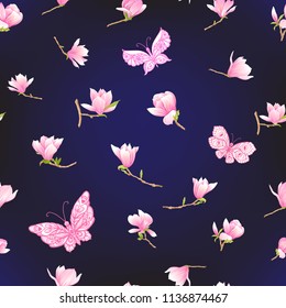 Seamless pattern with  pink magnolia flowers and butterflies. Vector illustration. On black, dark blue background