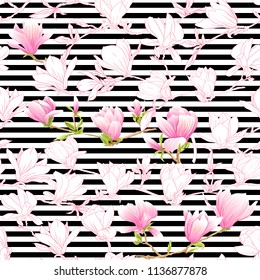 Seamless pattern with  pink magnolia flowers. Vector illustration. On black-and-white stripes background. Colored and outline design.