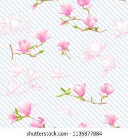 Seamless pattern with  pink magnolia flowers. Vector illustration. On blue and white diagonal stripes background  Colored and outline design.
