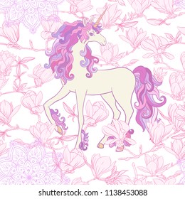 Seamless pattern with  pink magnolia flowers with unicorn. Vector illustration. Outline drawing. Isolated on white background.