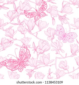 Seamless pattern with  pink magnolia flowers and butterflies. Vector illustration. Outline drawing. Isolated on white background.