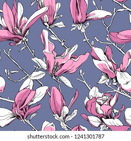 Seamless pattern. Pink Magnolia flowers on a gray-blue background. Textile composition, hand drawn style print. Vector illustration.