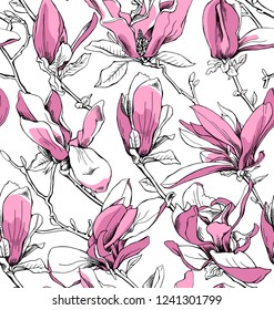Seamless pattern. Pink Magnolia flowers on a white background. Textile composition, hand drawn style print. Vector illustration.