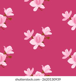 Seamless pattern with pink magnolia flowers on deep rose background. Floral vector design representing elegance, nature, and romantic style