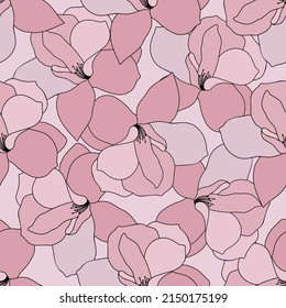 Patrón sin foco con magnolia rosa resplandece sobre fondo rosado. Ilustración vectorial. Impresión de tejido.