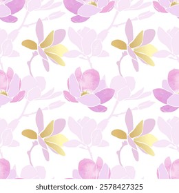 Seamless pattern with pink magnolia twig and gold petals. Luxurious floral background with spring flowers. Elegant vector illustration with watercolor texture