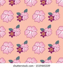 Seamless Pattern with Pink Mallow Blossom and Red Flowers on Apricot Background
