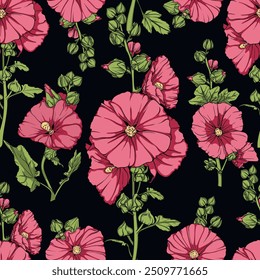 Patrón sin fisuras con flores de malva rosa sobre un fondo negro. Elegante composición de flores de malva rosa y hojas verdes sobre un rico fondo negro.