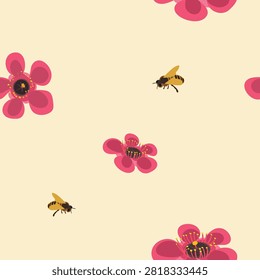 Seamless pattern with pink manuka flowers and honey bees, minimalist floral vector background for cosmetic packaging
