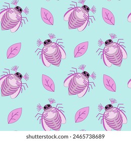 Seamless pattern of pink may bug, chafer and leaves on a blue background. Vector illustration