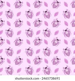 Seamless pattern of pink may bug, chafer and leaves on a pink background. Vector illustration