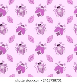 Seamless pattern of pink may bug, chafer and leaves on a pink background. Vector illustration