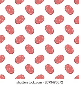 Seamless pattern with pink meat sausage with layers of white fat. print of breakfast food or cold cuts. Vector flat illustration