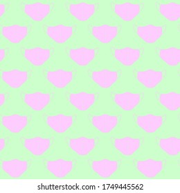 Seamless pattern with pink medical face masks isolated on green background. Virus protection, quarantine. Coronavirus pandemic. Covid-19