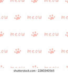 Seamless pattern with pink meow text and paws