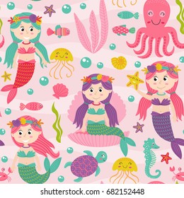 seamless pattern pink with mermaid and marine animals  -  vector illustration, eps