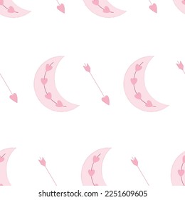 Seamless pattern with pink moon and amour arrow. Flat vector illustration for valentines day