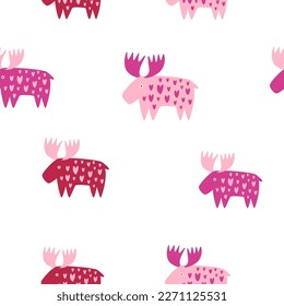 Seamless pattern with pink mooses in hearts. Illustrations in a modern style for prints, clothing, packaging and postcards.