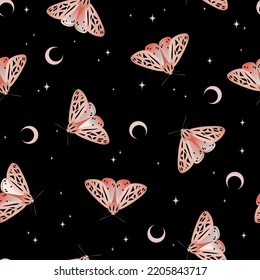 Seamless pattern with pink moth and moon on black background. Vector texture for print, textile, fabric, packaging.