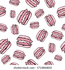 Seamless pattern with pink muffins. Design of packaging paper and fabrics. Printing on notebooks, clothes, and dresses. Vector seamless illustration with pink muffins on a white background.