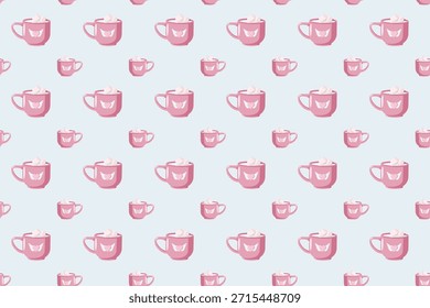 Seamless pattern of pink mugs with whipped cream and butterfly details on a soft blue background. Cozy pastel design for wrapping paper, textiles, stationery, party decor and Valentine themes