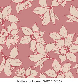 seamless pattern with pink narcissus, floral background, daffodil contour pattern