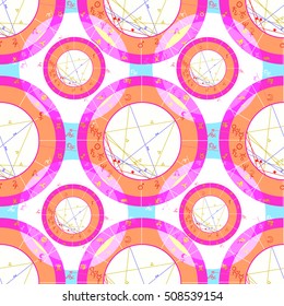 seamless pattern pink natal astrological chart, zodiac signs on blue. vector illustration