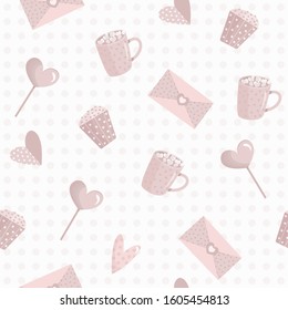 Seamless pattern of pink objects for Valentine's day. Cup with cocoa and marshmallows, an envelope with a letter, a lollipop, a muffin with chocolate and different hearts.