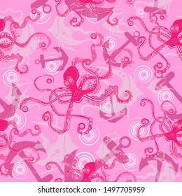 Seamless pattern. Pink octopus and anchor on light pink color backround. Vector graphic illustration.
