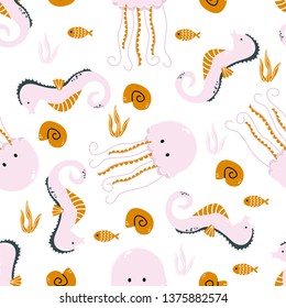 patrón transparente con pulpo rosa y caballitos de mar - ilustración vectorial, pasos