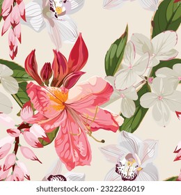 Seamless pattern with pink Oleander, orchids, hydrangea flowers. Rhododendron Cosmopolitan flowers on white background. 