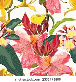 Seamless pattern with pink Oleander, orchids, plumeria flowers. Rhododendron Cosmopolitan flowers on white background. 