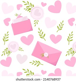 Seamless pattern of pink opened mail envelope with a stamp and leaves. Vector illustration of the wax seal. Design element. Wedding icons. Valentine s day. Love note. Hearts