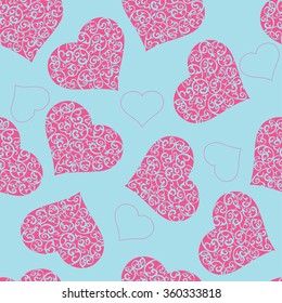Seamless pattern with pink openwork hearts on blue background