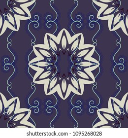 Seamless pattern with a pink, orange and blue bright summer floral print, flowers, foliage. Vector illustration.