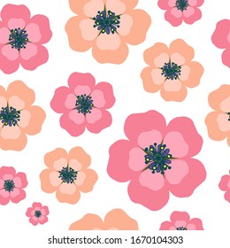 Seamless pattern with pink orange flowers on white background. Vector illustration for festive design, announcements, postcards, invitations, posters, textile, wrap.